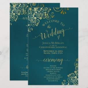 Elegantes dunkeltes Grün- & Gold-Hochzeitsprogramm