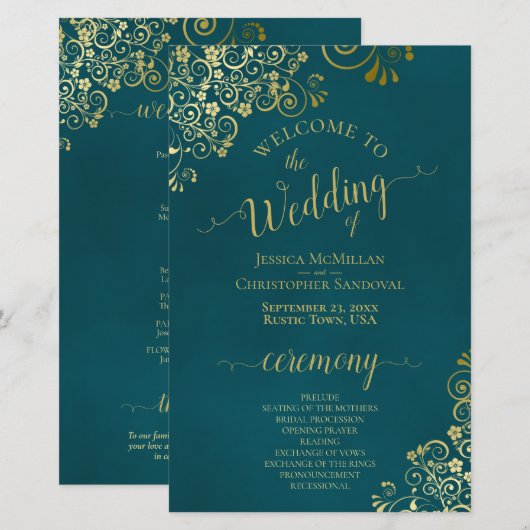 Elegantes dunkeltes Grün- & Gold-Hochzeitsprogramm (Vorne/Hinten)