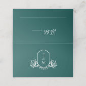 Elegantes dunkles Aquamarines botanisches Monogram Platzkarte (Außenseite Aufgefaltet)