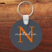 Elegantes Dunkles Blatt mit Orange Mit Monogramm Schlüsselanhänger (Vorderseite)