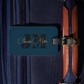 Elegantes dunkles Denim-Blau-Monogramm-Design Gepäckanhänger
