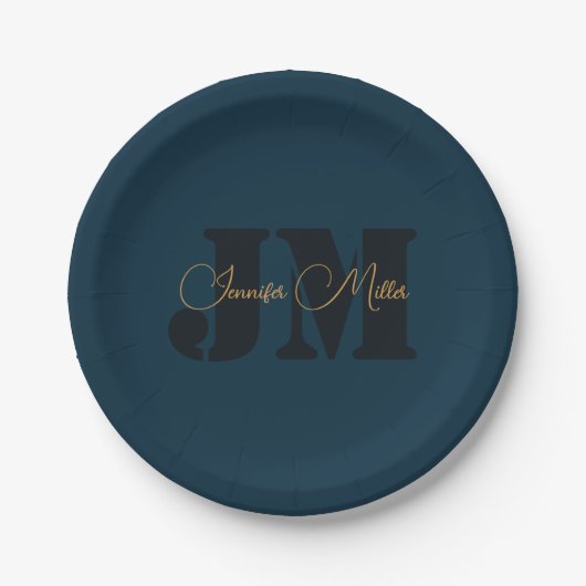 Elegantes dunkles Denim-Blau-Monogramm-Design Pappteller (Vorderseite)