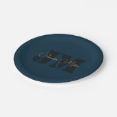 Elegantes dunkles Denim-Blau-Monogramm-Design Pappteller (Schrägansicht)