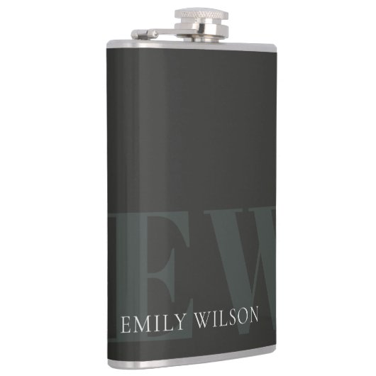 Elegantes dunkles dunkelgrünes Schwarz-Monogramm Flachmann (Rechts)