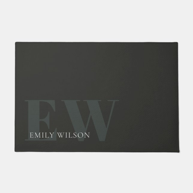 Elegantes dunkles dunkelgrünes Schwarz-Monogramm Fußmatte (Vorderseite)