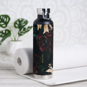 Elegantes dunkles Floral auf Schwarz Monogramm T Trinkflasche