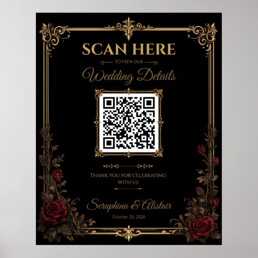 Elegantes dunkles gothisches Hochzeits-QR-Code-Sch Poster (Vorne)