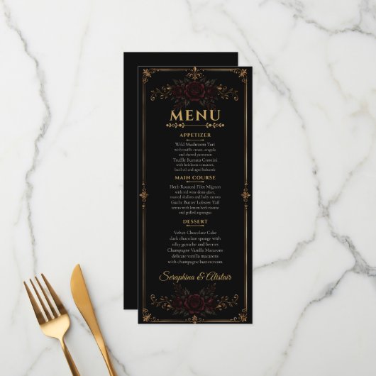 Elegantes dunkles gotisches Hochzeitsmenü Menükarte (Vorderseite/Rückseite Beispiel)