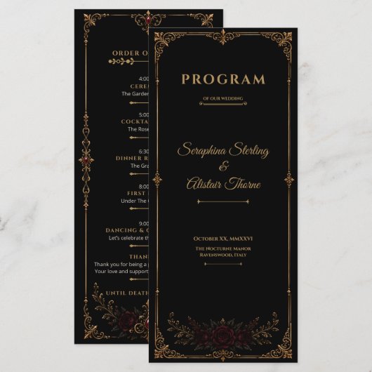 Elegantes dunkles gotisches Hochzeitsprogramm Programm (Vorne/Hinten)