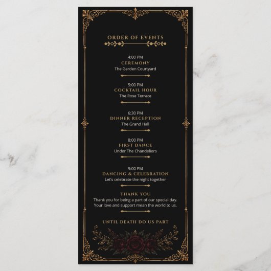 Elegantes dunkles gotisches Hochzeitsprogramm Programm (Rückseite)