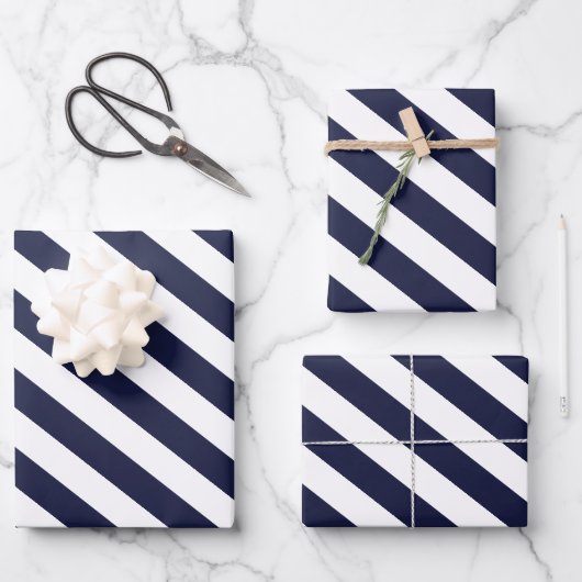 Elegantes dunkles Navyblau- und Weiß-Streifenmuste Geschenkpapier Set (Vorderseite)