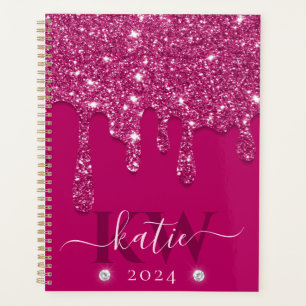 Elegantes dunkles Rosa tropfendes Glitter-Monogram Planer