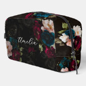 Elegantes dunkles Türkis-Rot-Blumen-Monogramm Waschbeutel (Rechte Ecke)