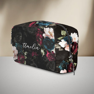 Elegantes dunkles Türkis-Rot-Blumen-Monogramm Waschbeutel