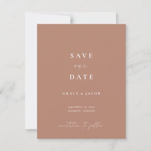 Elegantes Dusty Beige Pink Minimalistisches Script Save The Date (Vorderseite)