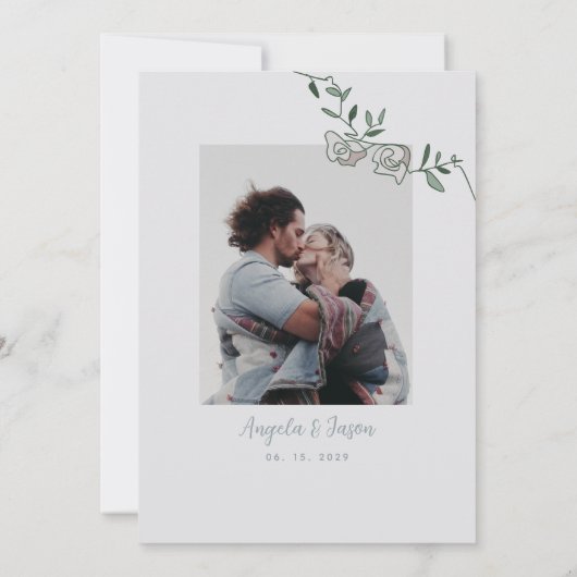 Elegantes Dusty Blau und Rosa Foto Hochzeit Einladung (Rückseite)