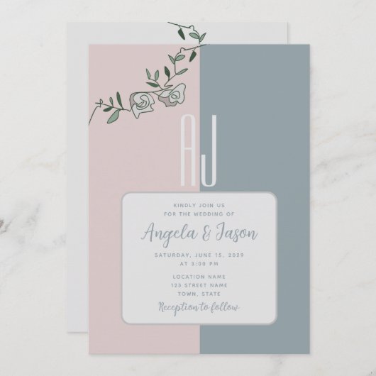 Elegantes Dusty Blau und Rosa Foto Hochzeit Einladung (Vorne/Hinten)