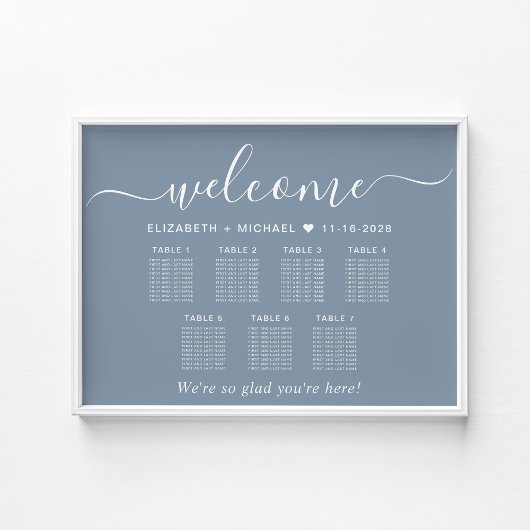 Elegantes Dusty Blue 7 Table Wedding Chart Poster