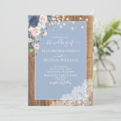 Elegantes Dusty Blue Blush Rustic Wood Lace Foto Einladung (Stehend Vorderseite)