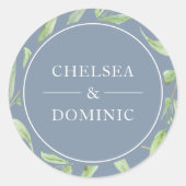 Elegantes Dusty Blue Botanical Wedding Label Runder Aufkleber (Vorderseite)