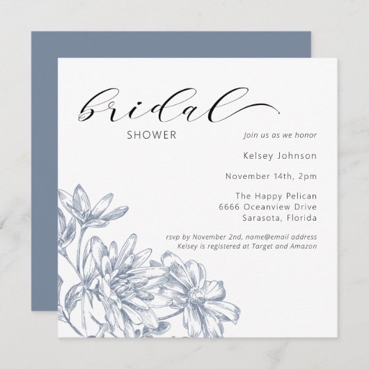 Elegantes Dusty Blue Floral Brautparty Einladung (Vorne/Hinten)