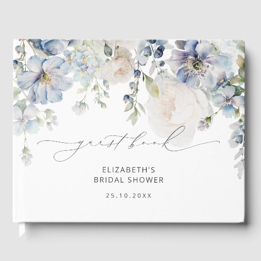Elegantes Dusty Blue Floral Brautparty Gästebuch (Vorderseite)