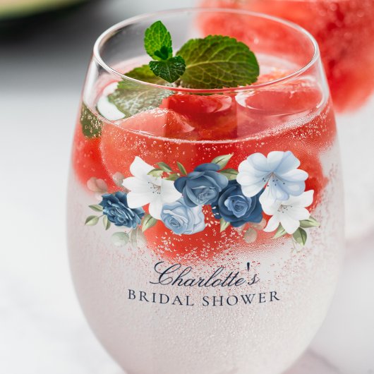 Elegantes Dusty Blue Floral Brautparty Weinglas Ohne Stiel