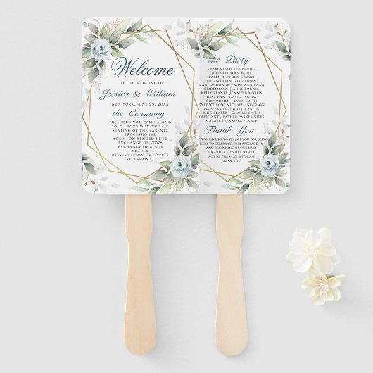 Elegantes Dusty Blue Floral Foliage Hochzeitsprogr Fächer (Vorne und Hinten)