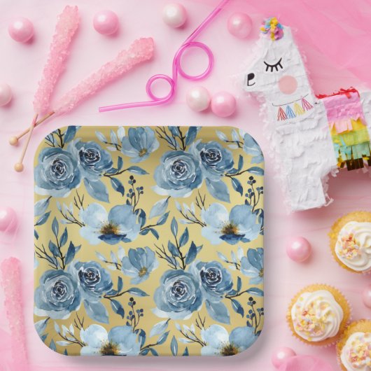 Elegantes Dusty Blue Floral & Gold Square Party Pappteller (Party)