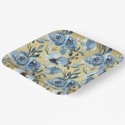Elegantes Dusty Blue Floral & Gold Square Party Pappteller (Gewinkelt)