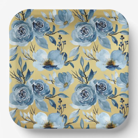 Elegantes Dusty Blue Floral & Gold Square Party Pappteller (Vorderseite)