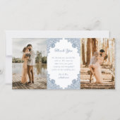 Elegantes Dusty Blue Floral Lace Wedding Foto Dankeskarte (Vorderseite)