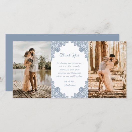 Elegantes Dusty Blue Floral Lace Wedding Foto Dankeskarte (Vorne/Hinten)