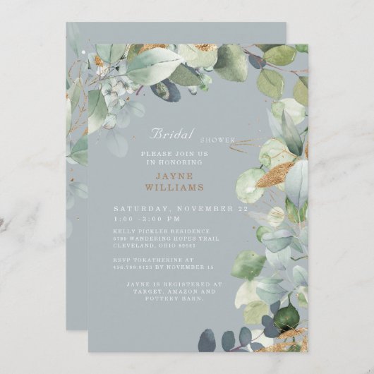 Elegantes Dusty Blue Foliage Wedding Brautparty Einladung (Vorne/Hinten)