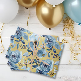Elegantes Dusty Blue Gold Floral Rose Set von 3 Geschenkpapier Set