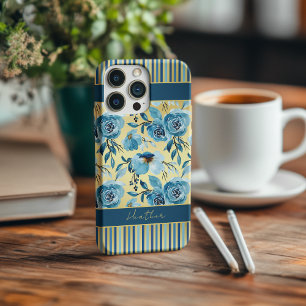 Elegantes Dusty Blue Gold Floral Stripe Monogramm iPhone 15 Pro Max Hülle