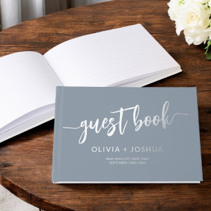 Elegantes Dusty Blue Gold Foto Minimalistisch Gästebuch