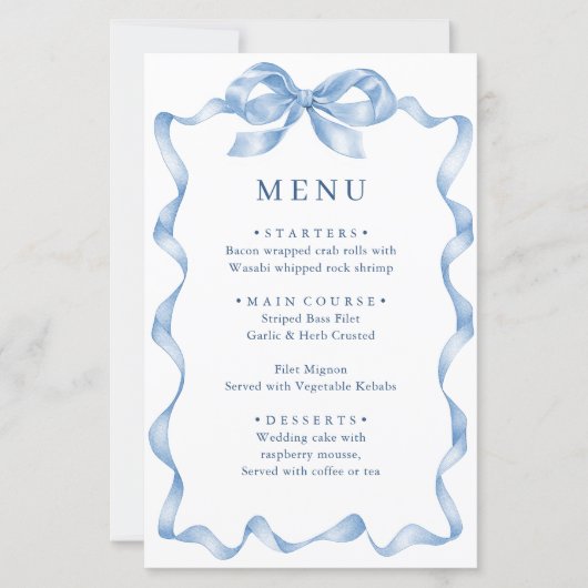 Elegantes Dusty Blue Hand Drawn Bow Wedding Menu (Vorderseite)