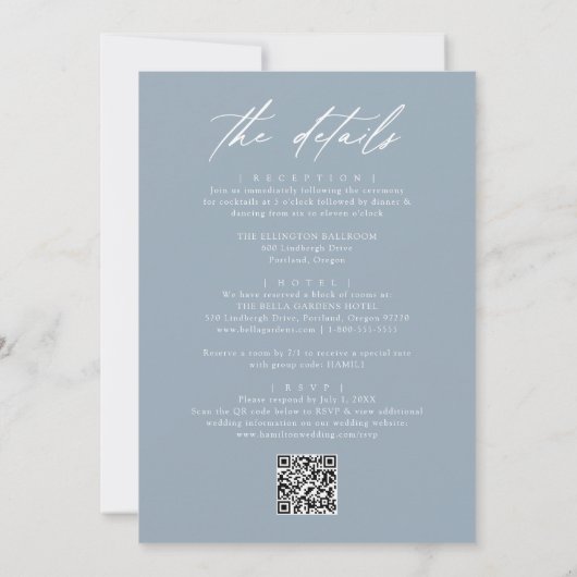 Elegantes Dusty Blue in einem QR-Code Hochzeit Einladung (Rückseite)