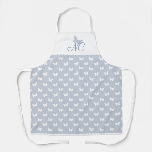Elegantes Dusty Blue Monogram Butterfly Muster Schürze (Vorderseite)