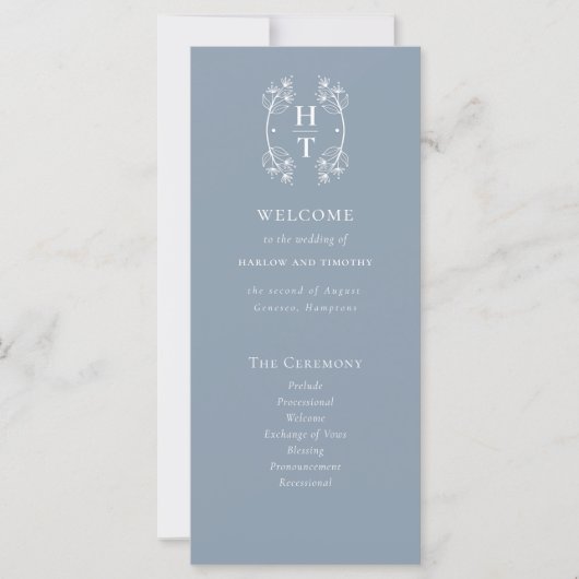 Elegantes dusty blue Monogram Wappen Wedding Progr (Vorderseite)