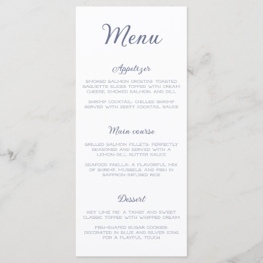 Elegantes Dusty Blue Ocean Sea Brautparty Menükarte (Vorderseite)
