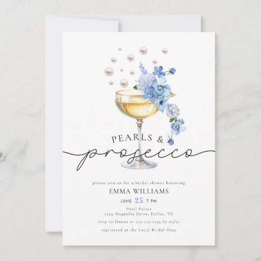 Elegantes Dusty Blue Pearls & Prosecco Brautparty Einladung (Vorderseite)