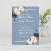Elegantes Dusty Blue Pink Floral Gold Brautparty Einladung (Stehend Vorderseite)