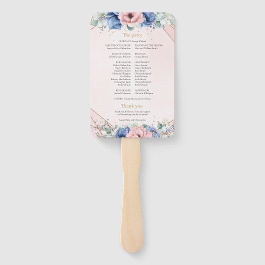 Elegantes dusty Blue Rosa Aquarellblumenprogramm Fächer (Rückseite)