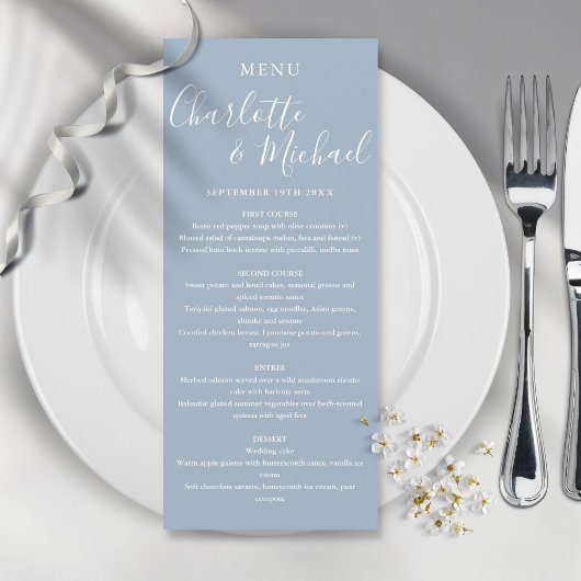 Elegantes Dusty Blue Signature Wedding Menu Menükarte