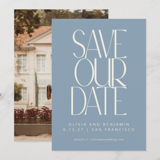 Elegantes Dusty Blue Simple Modern Trendy Foto Save The Date (Vorne/Hinten)