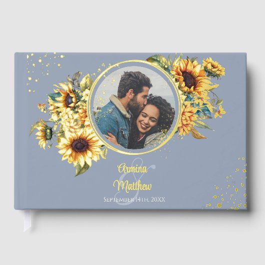 Elegantes Dusty Blue Sonnenblumen Foto Hochzeit Gästebuch (Vorderseite)