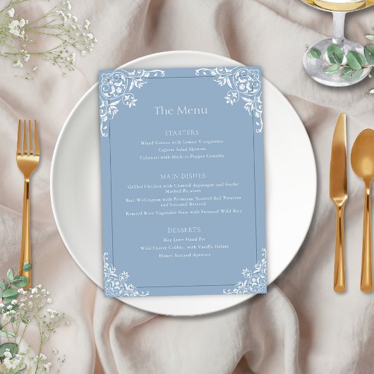 Elegantes Dusty Blue Vintag Frame Wedding Menu Menükarte