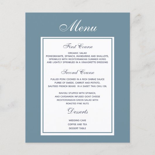 Elegantes Dusty Blue Wedding Menu (Vorderseite)